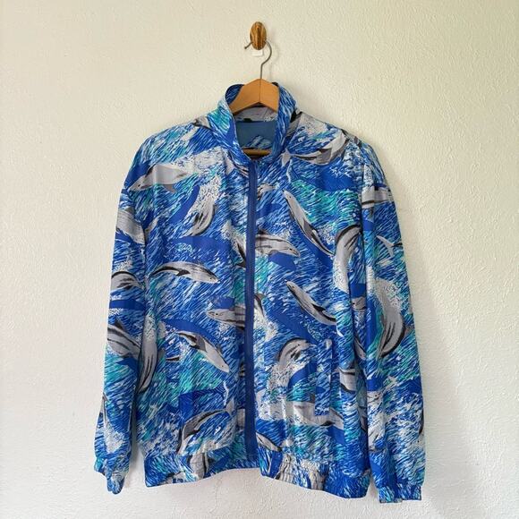 Vintage 80s 90s GTI 100% silk blue dolphin all over print jacket full zip size M - Picture 1 of 8